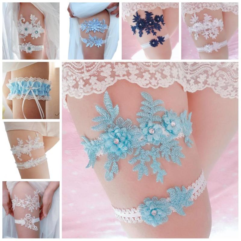 

Garters Blue Lace Bridal Garter Floral Rhinestone Wedding Belt Elegant Shower Gift Women Thigh Ring Leg, Color