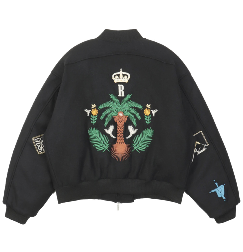 

22ss Europe USA Woolen Crown Tree Oversize Coat Autumn Winter Embroidery Men Fashion Cotton Baseball Zipper Uniform Jacket, Black