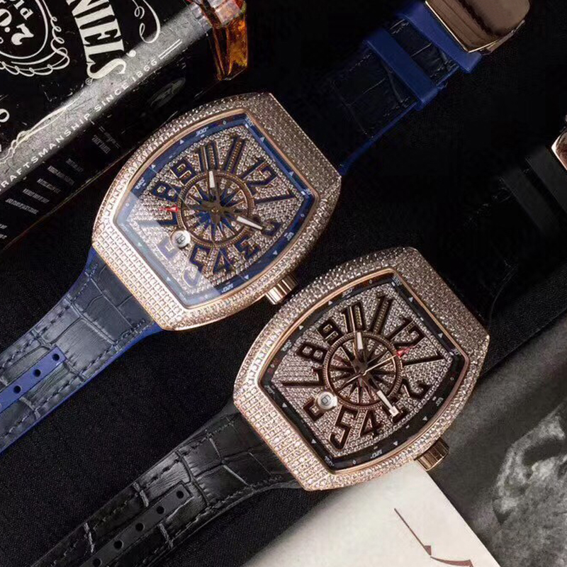 

4 Styles CZ stones Iced out watches Rose Gold Men automatic luxury Top quality diamonds Blue leather strap watch Sapphire glass zirconia wristwatches waterproof, Only box and papers