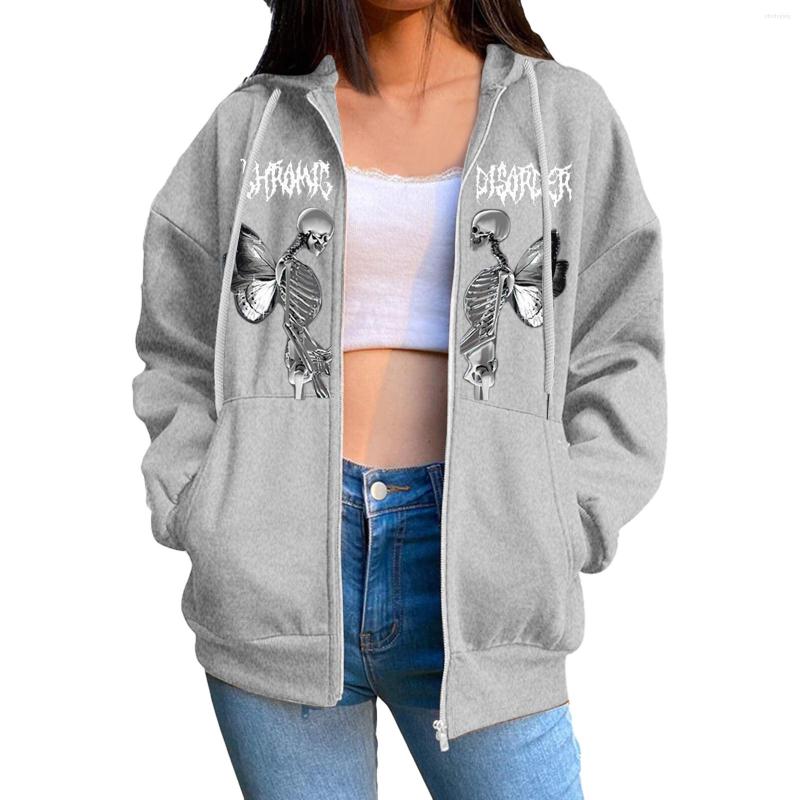 Women's Hoodies Gothic Skeleton Women Zip Up Oversized Sweatshirt Autumn Winter Ladies Punk Skull Hooded Jacket Y2K Clothes Grunge Coat