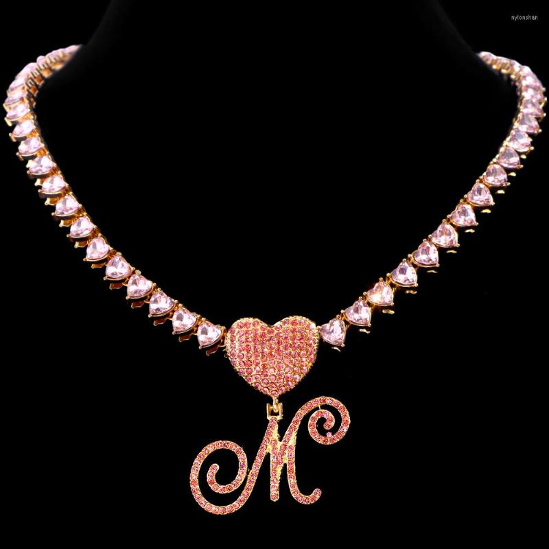 

Chains Shiny Pink Rhinestone Initial Cursive Letter Necklace For Women Bling Paved Heart Crystal Link Chain Trendy Jewelry