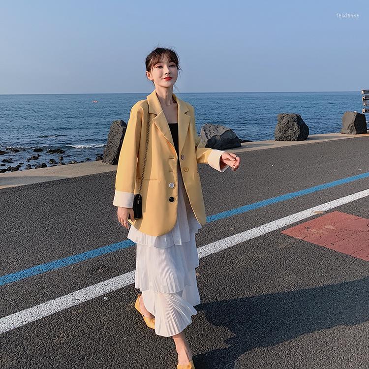 

Women' Suits Blazer Women Women' Korean Style Single-breasted Loose Net Red Suit Casual Jacket Long Sleeve Pockets Yellow Green Coats
