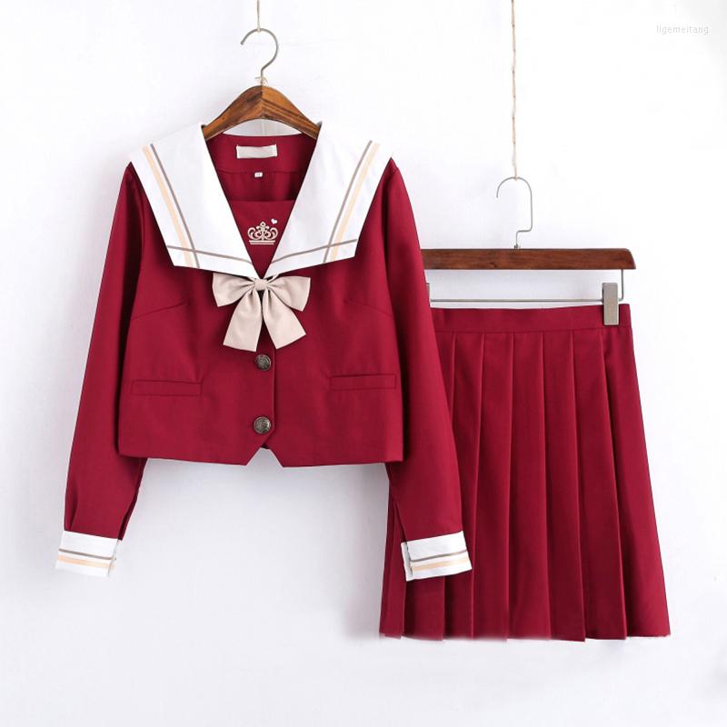 

Clothing Sets Japanese School Dresse JK Uniform Cherry Blossom Red Uniforms For Girls Anim Cosplay Sailor Suit Embroidery Outfit, Long sleeve suit