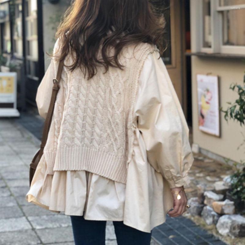 

2022 Autumn Vest Stitching Shirt Fake Two-piece Temperament Korean Loose Casual Pullover Lady Round Neck Tops, Beige