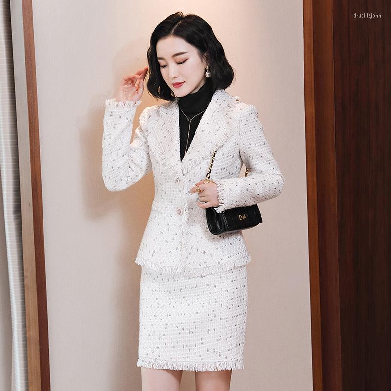 

Two Piece Dress -4XL High Quality Women' Suit Skirt Two-piece Set 2022 Autumn And Winter Single-breasted Ladies Jacket Waist, Blue