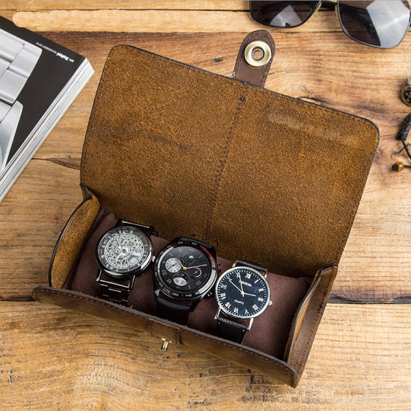 

Watch Boxes Cow Leather 3 Slot Box Handmade Roll Travel Case Wristwatch Pouch Exquisite Retro Slid In Out Organizer