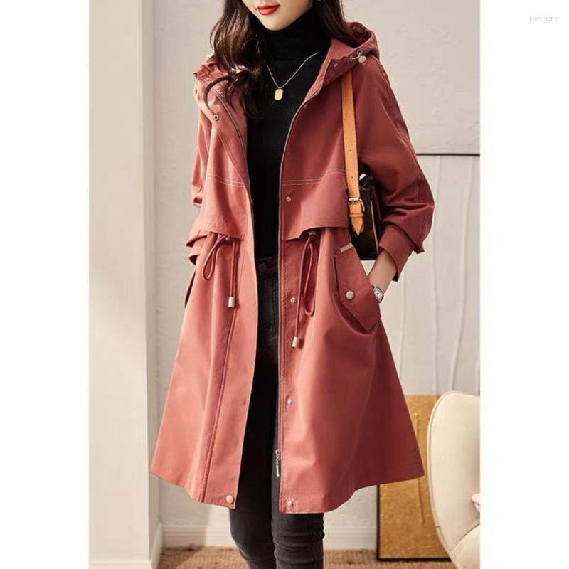 

Women's Trench Coats Long-sleeved Pockets Stitching Zipper Hooded Waist Drawstring Long Coat Women's Spring And Autumn Korean Style, Beige