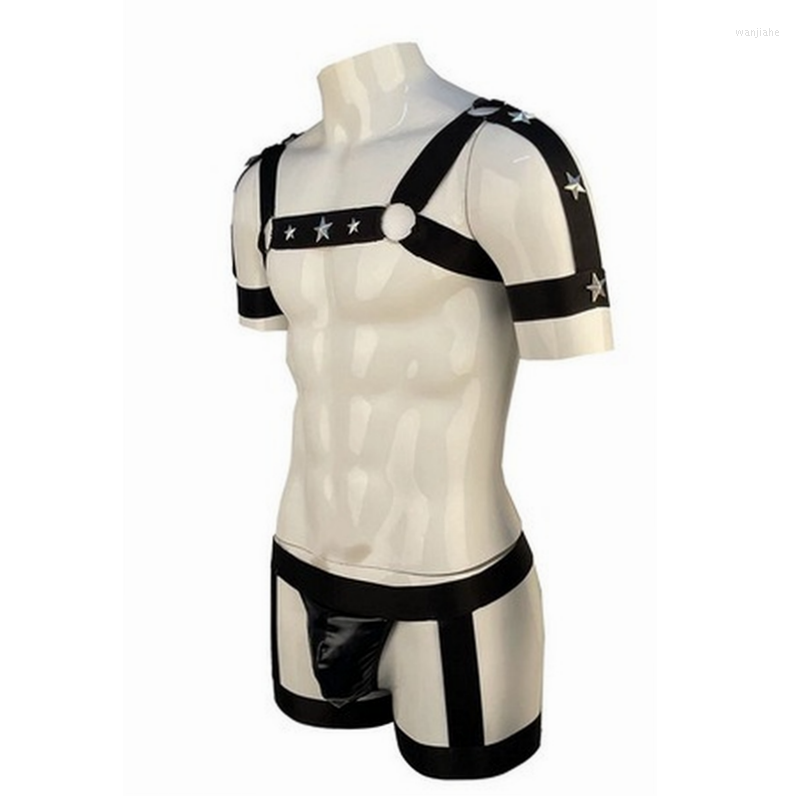 Men's Tracksuits Sexy Men's Lingerie Bandage Crop Top Costume Leather Thong Mini Shiny Tank Tops Vest Penis Pouch Underwear Set Club