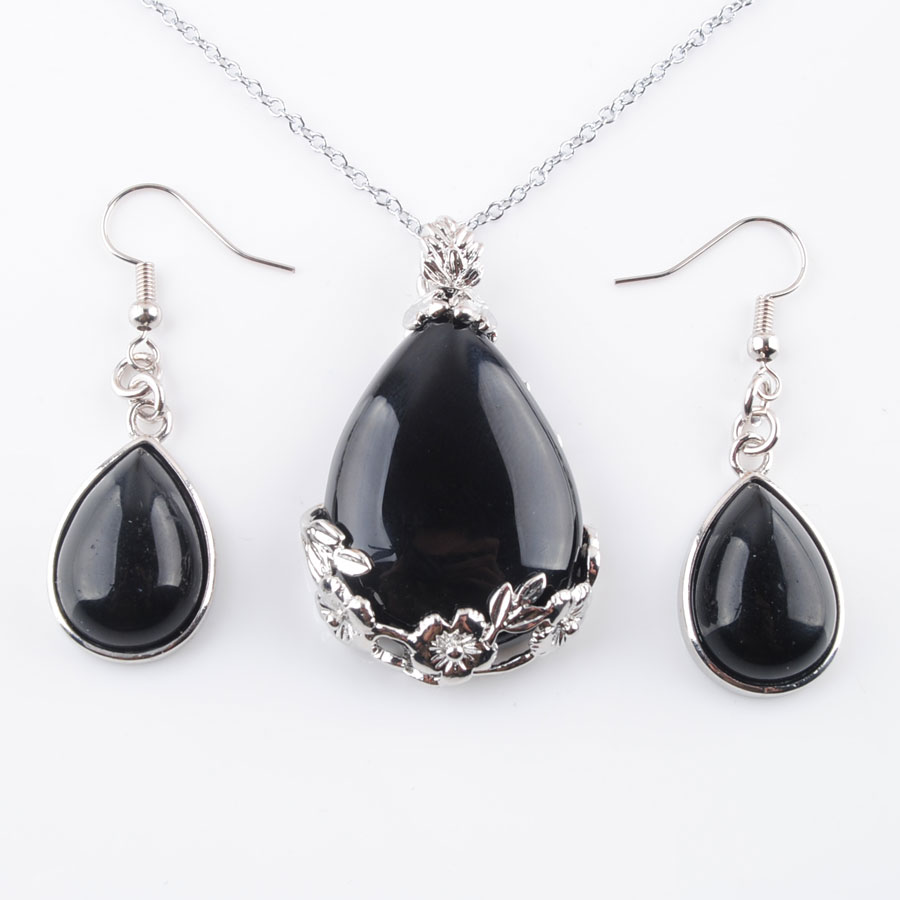 

Natural Pendulum Pendant Bridal Party Jewelry Set For Women Water Drop Black Agate Gem Stones Dangle Earrings Necklaces Q3075, White