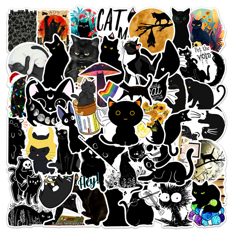 

50pcs Funny Cartoon Black Cat Pattern Sticker Pack for Diy Laptop Skateboard Motorcycle Decals, Multi colors