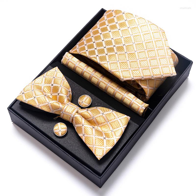 

Bow Ties Jacquard High Grade Nice Handmade Tie Handkerchief Pocket Squares Cufflink Set Necktie Box Gold Paisley Fit Workplace