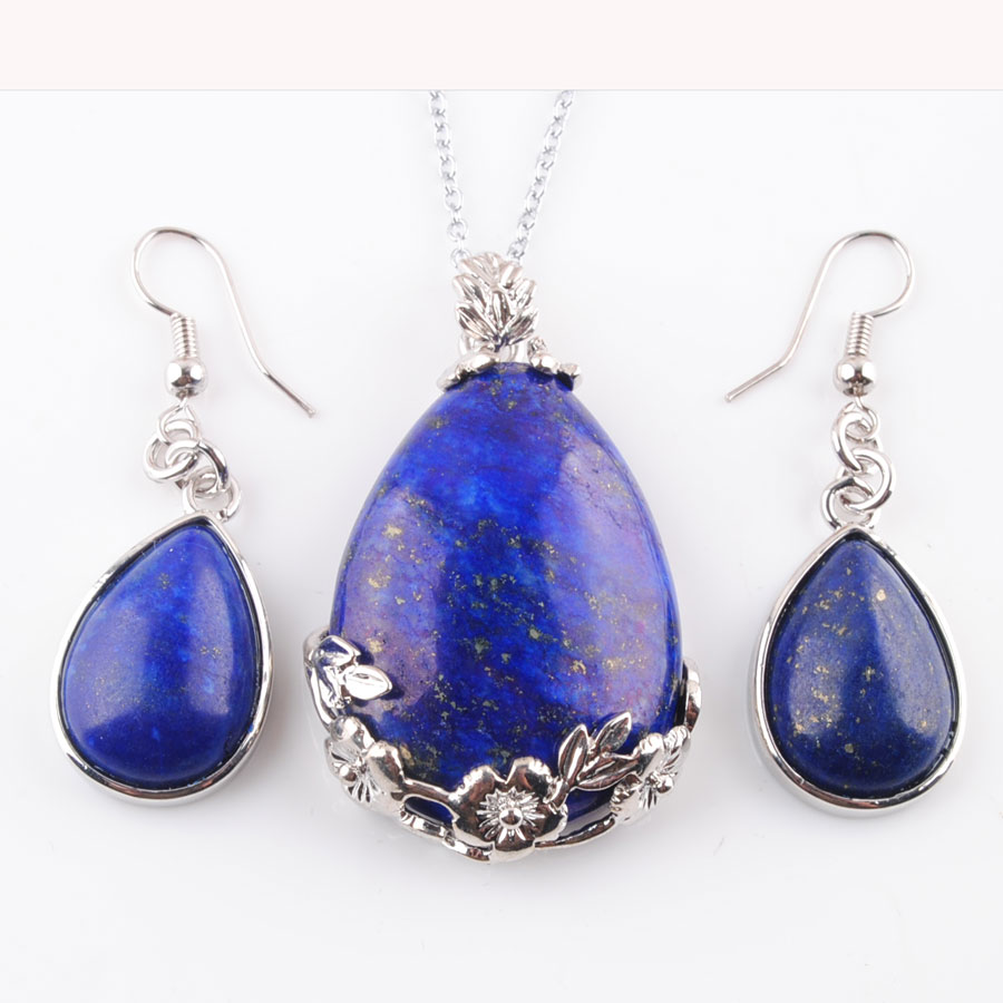

Jewellery Sets for Women Natural Lapis Lazuli Gem Stone Pendulum Pendant Earrings Necklaces Chain 45cm Length Q3073, White