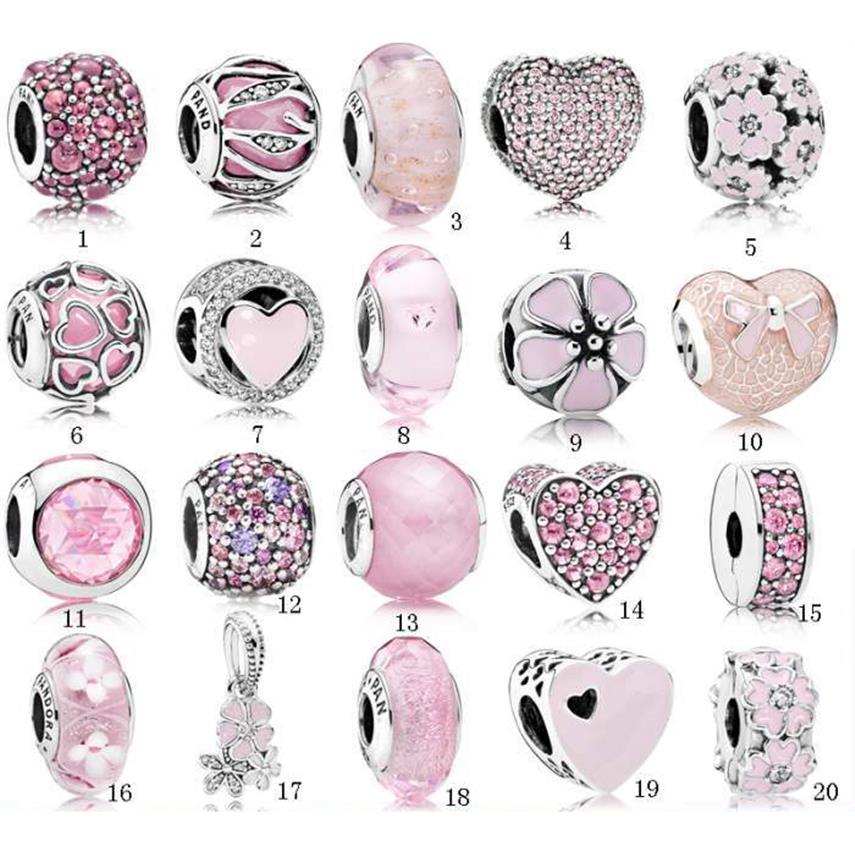 

S925 Sterling Silver Beads Charm Bracelet Love Pink Crystal DIY Bead For Bracelets Jewelry277S