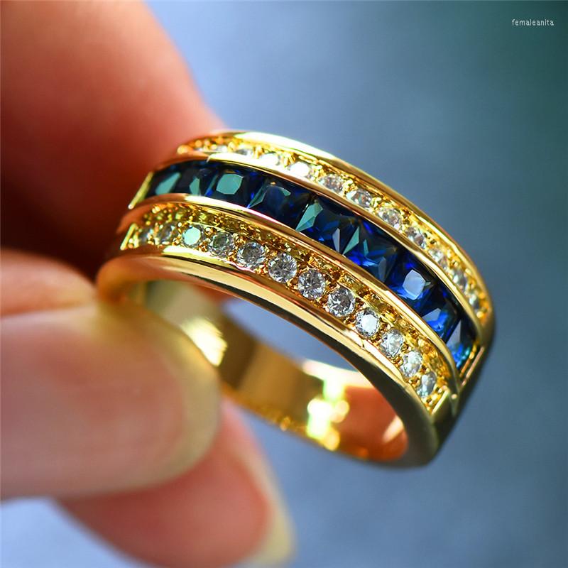 

Wedding Rings Blue Crystal Zircon White Round Small Stone For Women Jewelry Vintage Fashion Square Birthstone Ring Party Present