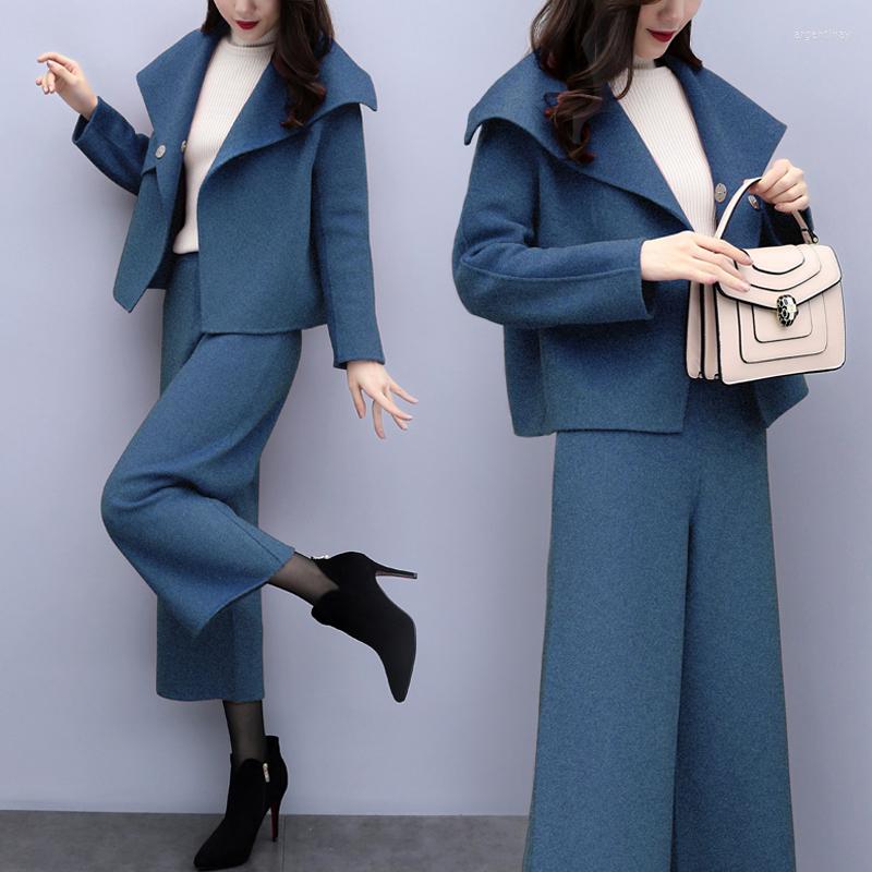 

Women's Tracksuits 2022 Spring And Autumn Women's Casual Fashion Woolen Short Coat Wide-leg Pants Two-piece