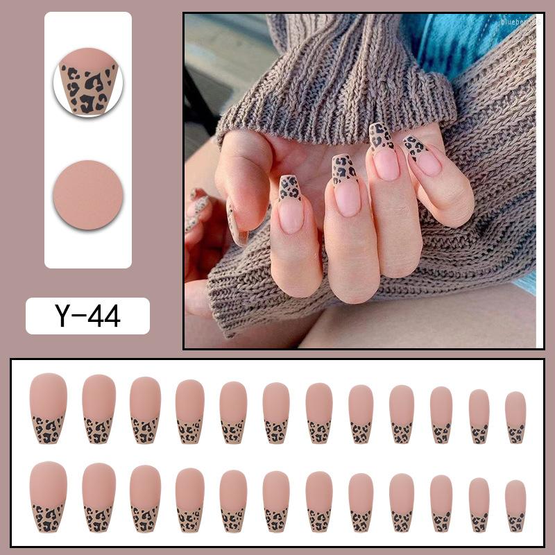 

False Nails 24pcs/set French Sexy Leopard Print Long Ballet Nail Pieces Wearable Removable Fake Stickers, Y-44