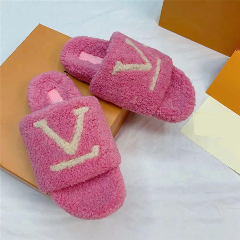 

Winter Fur Slipper For Woman Designer Wool Slides Flat Heel Mules Warm Comfortable Letters Plush Sliders Luxurious Shoe With Box, 10#