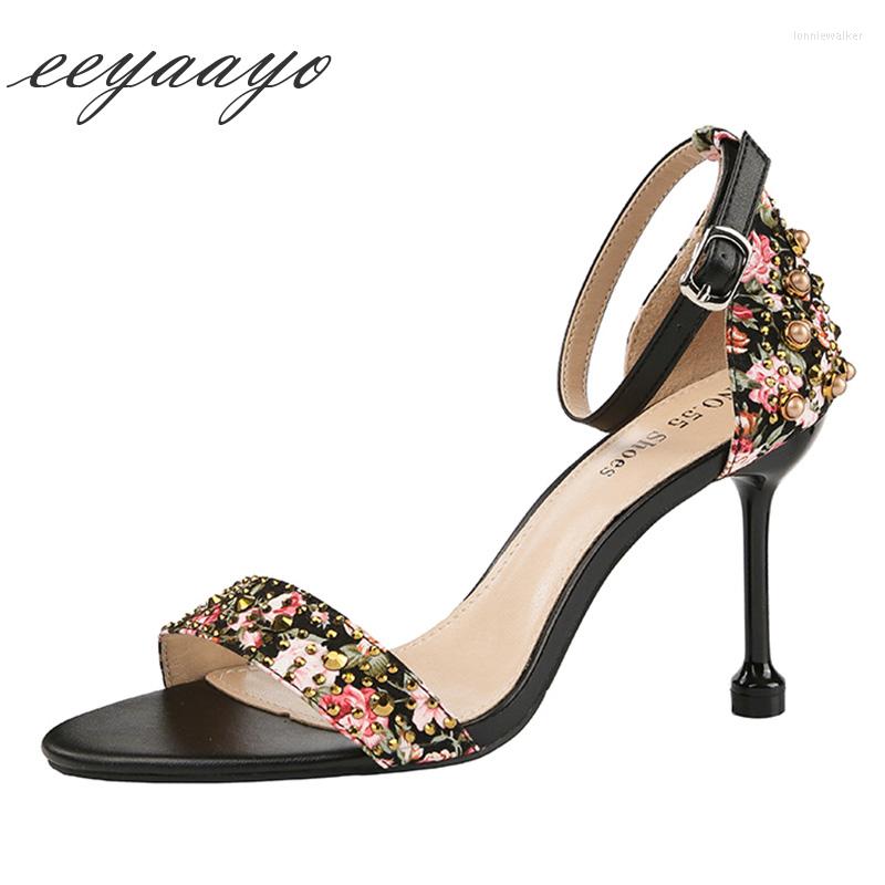 

Sandals 2022 Summer Women High Thin Heel Buckle Floral Metal Fashion Sexy Ladies Shoes Black Female Heels, Blue