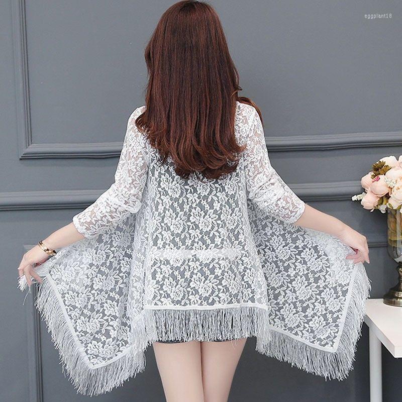 

Women's Jackets 2022 Women Lace Shawl Tops Coat Summer Female Thin Sun Protection Clothing Ladies Loose Jacket Mid-Length Cardigan Shirt A29, White