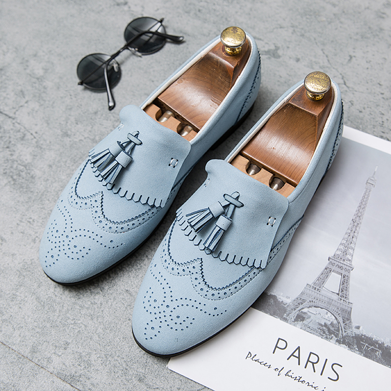 Loafers Men Shoes Brogue Carved Tassel Round Head Faux Suede Slip-on Fashion Business Casual Wedding Daily AD118