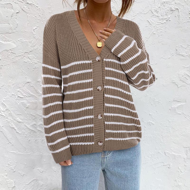 

Women' Knits 2022 Spring/Autumn Knitting Loose Outfit Women Color Block Cardigan Female Striped Button Down Long Sleeve V-neck Sweater, Black