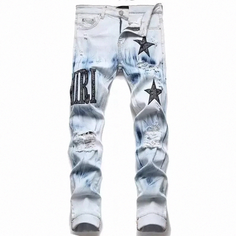 

Men Jeans European Jean Hombre Letter Star Men Skinny Embroidery Patchwork Ripped mens Trend Brand Motorcycle Pant, I need see other product