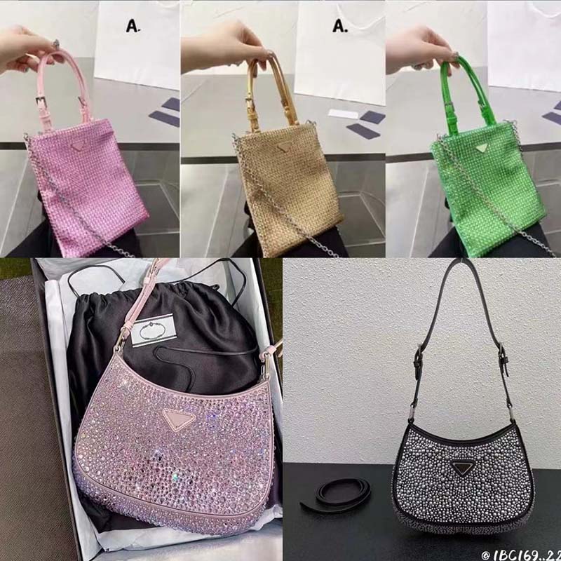 

SS22 P bags Cleo Collection Fabric Crystal Silk Side Armpit Bag Handbag Triangle Logo Diamond Bag Chain Shoulder Tote with Box, 1n6608#18*20cm