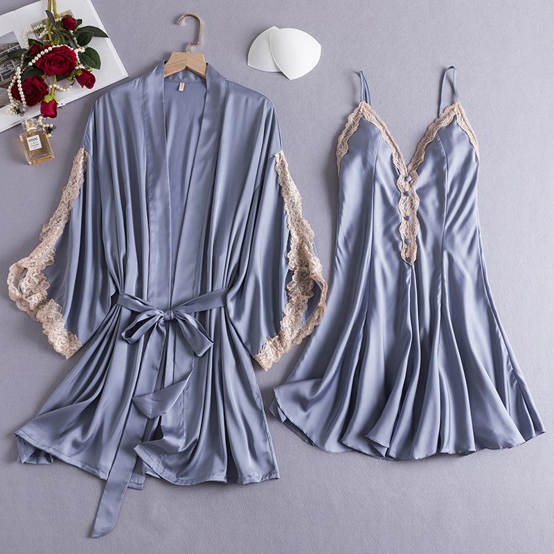 

Lace Wedding Robe Suspender Nightgown Sleepwears Set Sexy Patchwork Summer Thin, White b