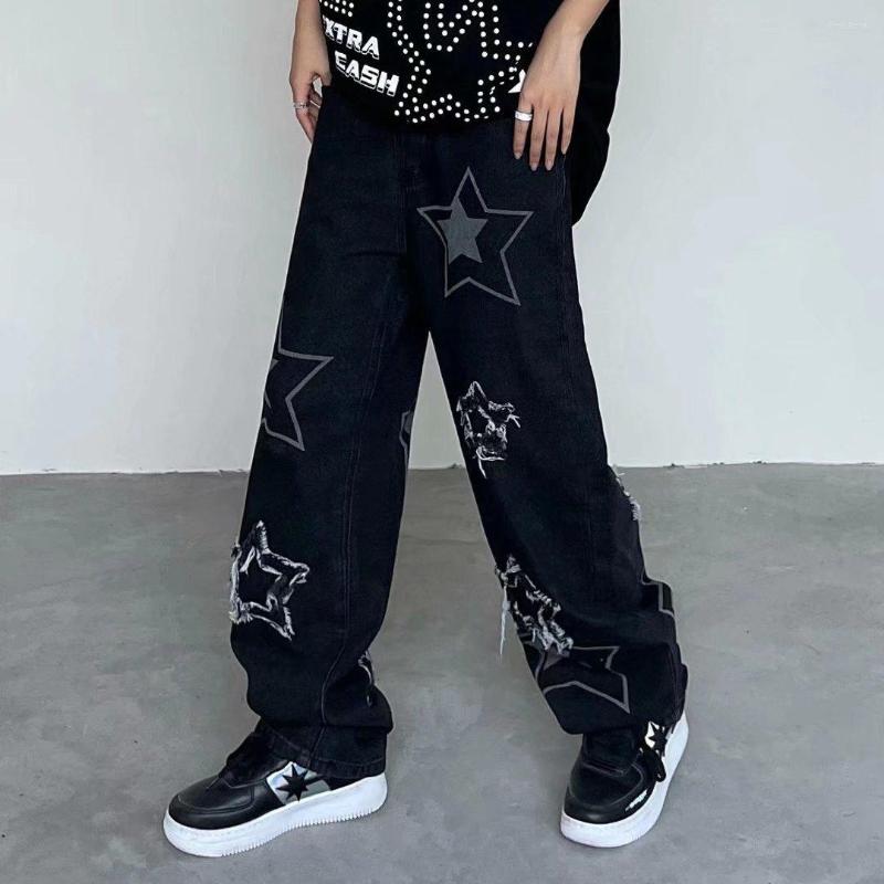 

Men' Jeans Fashion Stars Print Retro Denim Pants Mens High Street Loose Straight-leg Streetwear Casual Trousers Men, Black