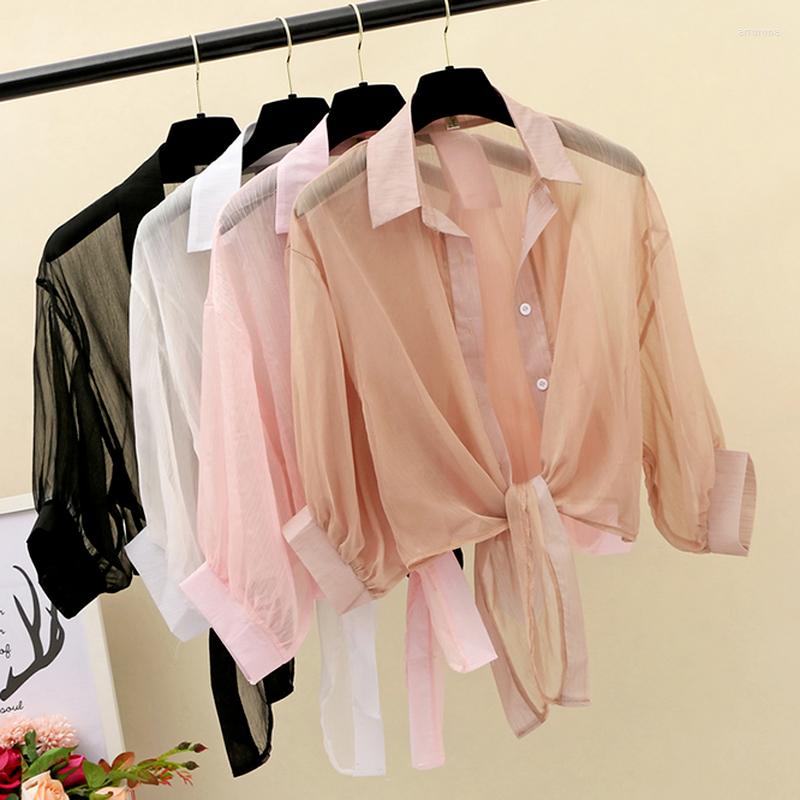

Women' Jackets 2022 Summer Fashion Solid Color Chiffon Shirt Female Loose Casual Thin Cardigan Tops Sunscreen Jacket Women Blouse Femme, Bai