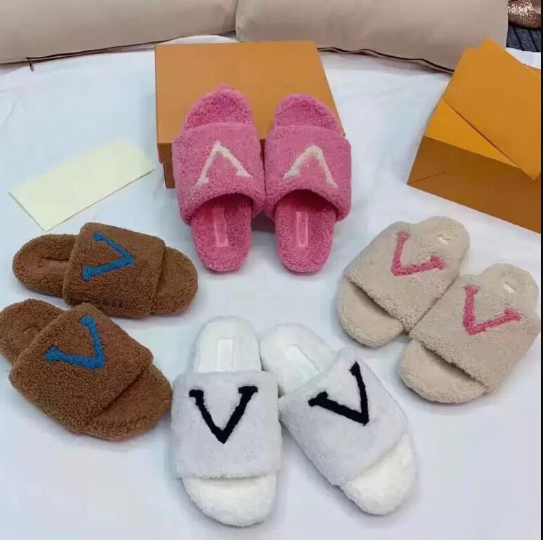 High quality Womens Slippers Ladies wool Slides Winter fur Fluffy Furry Warm letters Sandals Comfortable Fuzzy Girl Flip Flop Slipper Size 35-41