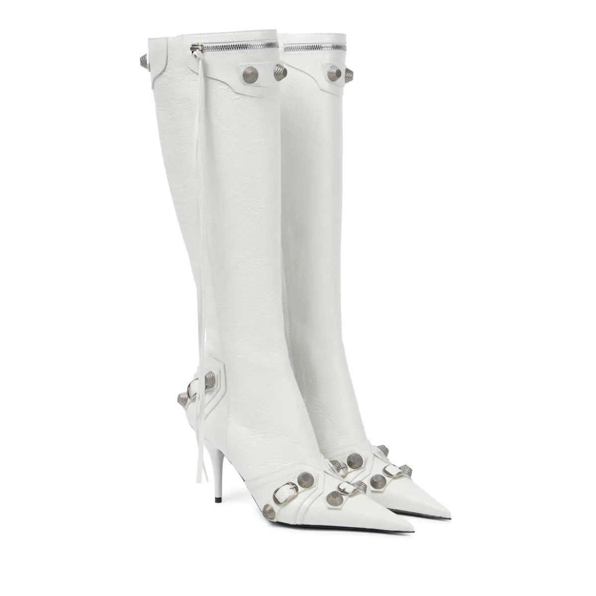 

Boots Cagole stud buckle embellished textured-leather knee boots side zip shoes pointed Toe stiletto heel tall boot Run way luxury designers shoe, White