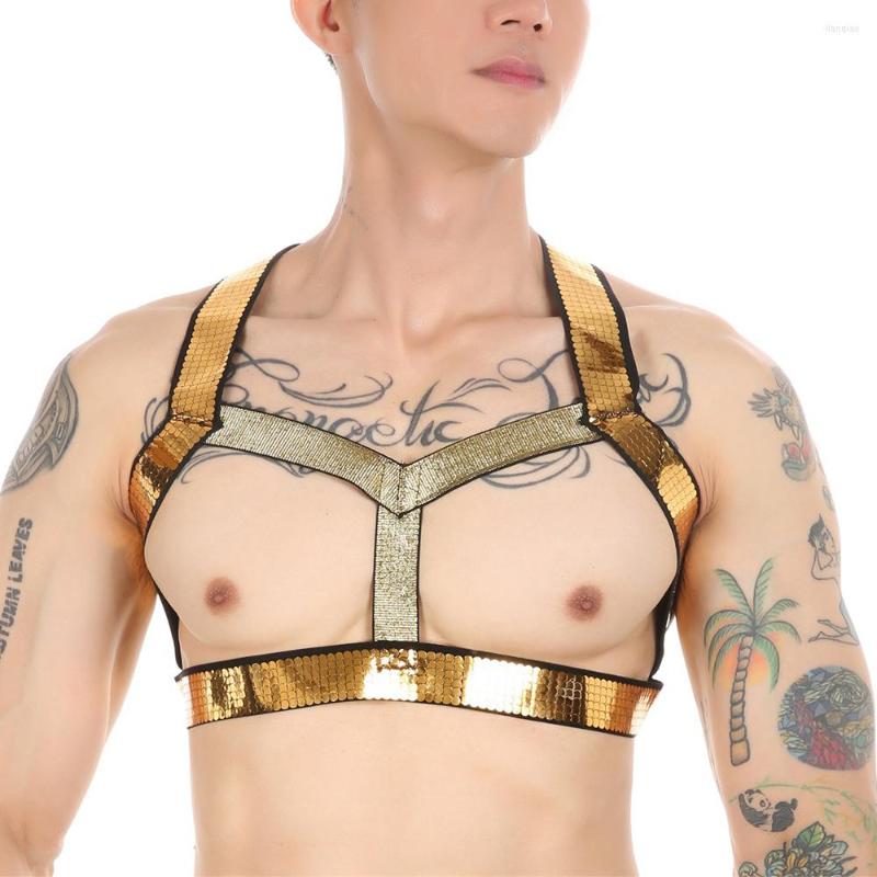 

Bras Sets Men Chest Straps Gold Hollow Out Wrestling Singlet GAY Tights Underwear Leotard Body Harness Restrain Costume Clubwear A50, Photo color