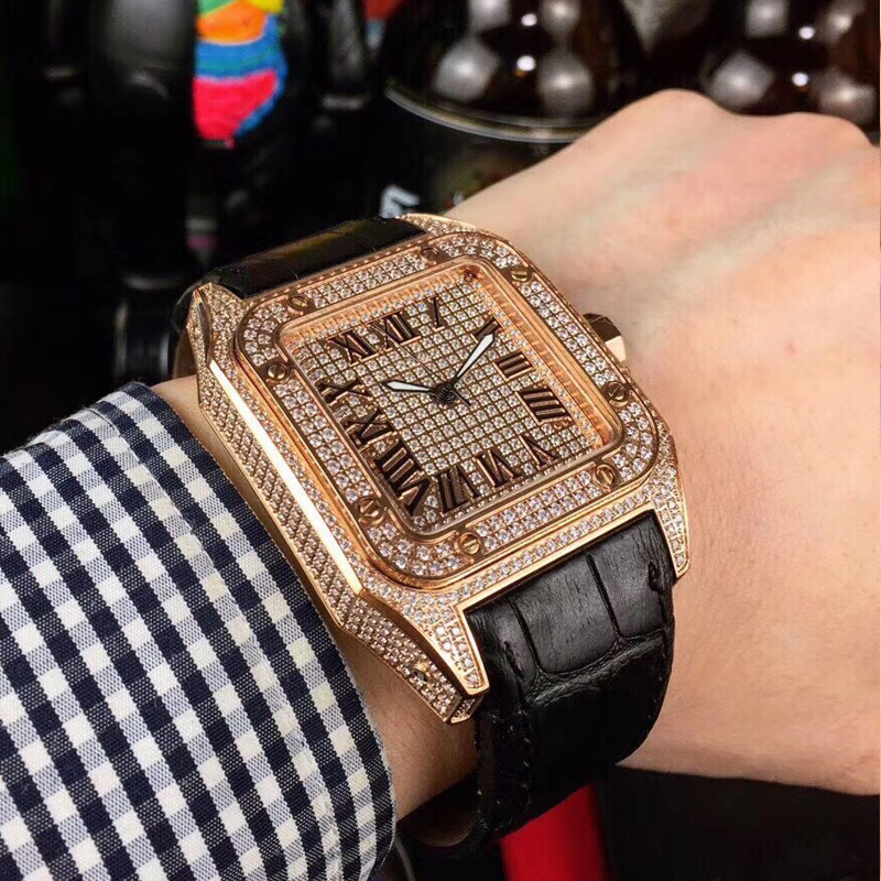 Rose Gold Cubic Zirconia Diamonds Watch Roman numerals 316L stainless steel Luxury MISSFOX Square Japan Miyota 8215 Automaticl Men Full Iced Out-image-797938405