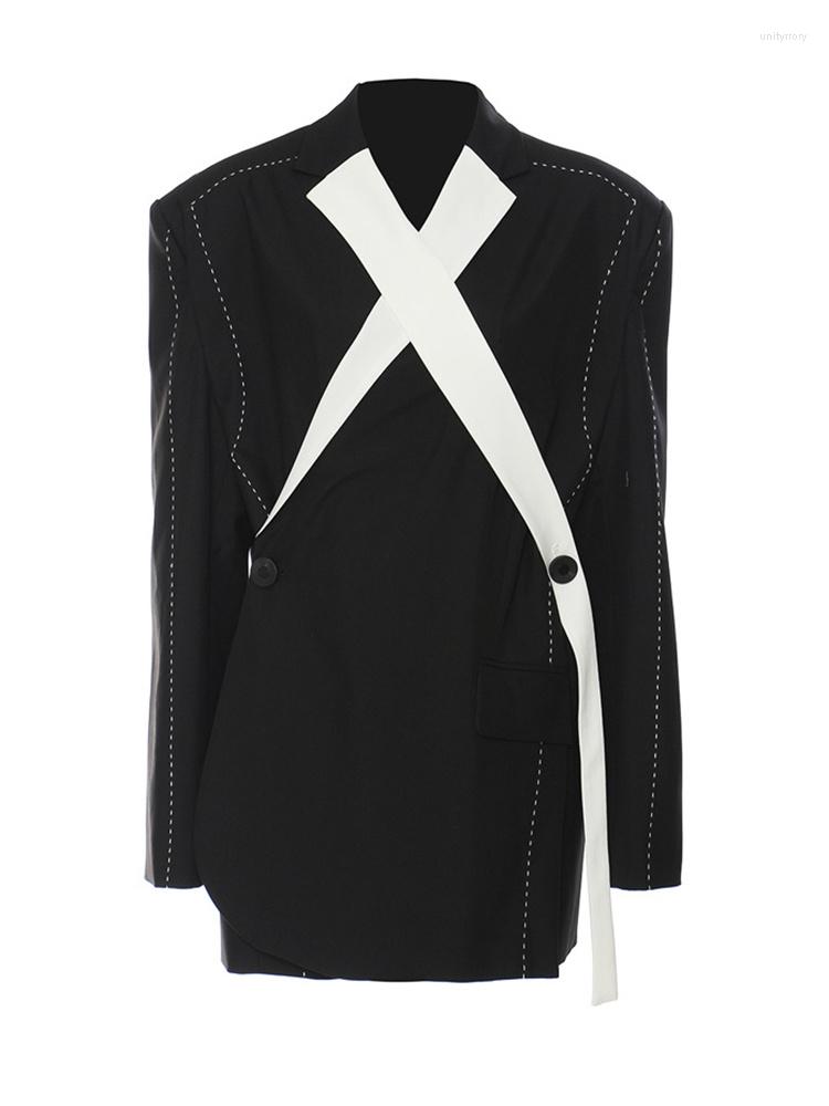 

Women' Suits Women Tops Topstitched Cross Big Size Blazer Lapel Long Sleeve Jacket Fashion Tide Autumn 2022 Office Lady Coats G974, Black