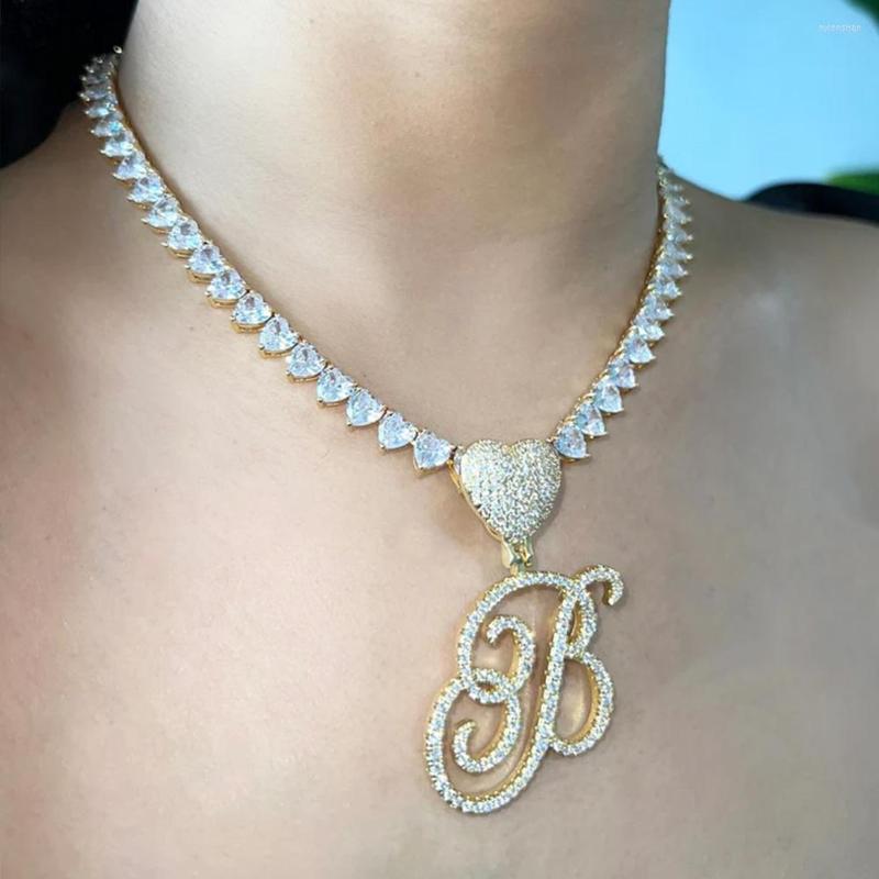 

Chains Iced Out Hip Hop Heart Cursive 26 Letter Pendant Necklace For Women With Bling Pink Tennis Chain Necklaces Name Jewelry
