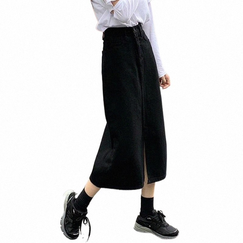 Skirts skirts White Black Vintage Slit High Waist Long Denim Skirt Women Casual Loose A-Line Solid 2022 Summer Korean Fashion Streetwear P9ak#-image-797951692