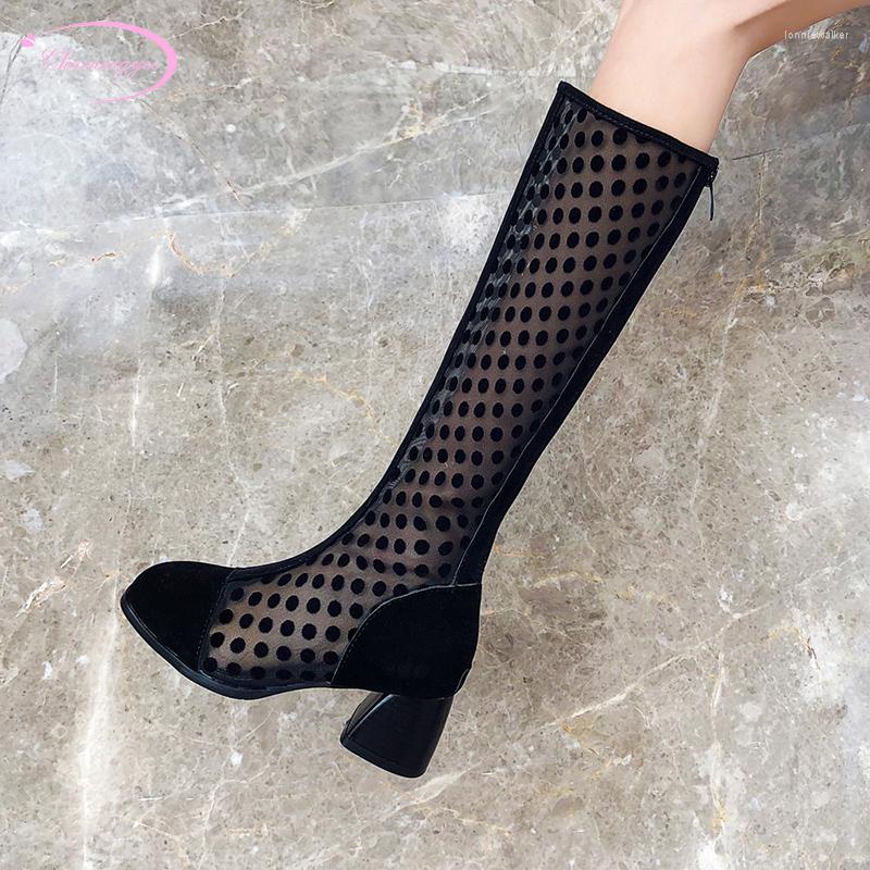 

Sandals Chinese Nightclub Style Comfortable Round Toe Summer Boots Fashion Zipper Polka Dot Mesh Medium Heel Women's Shoes, Black pu