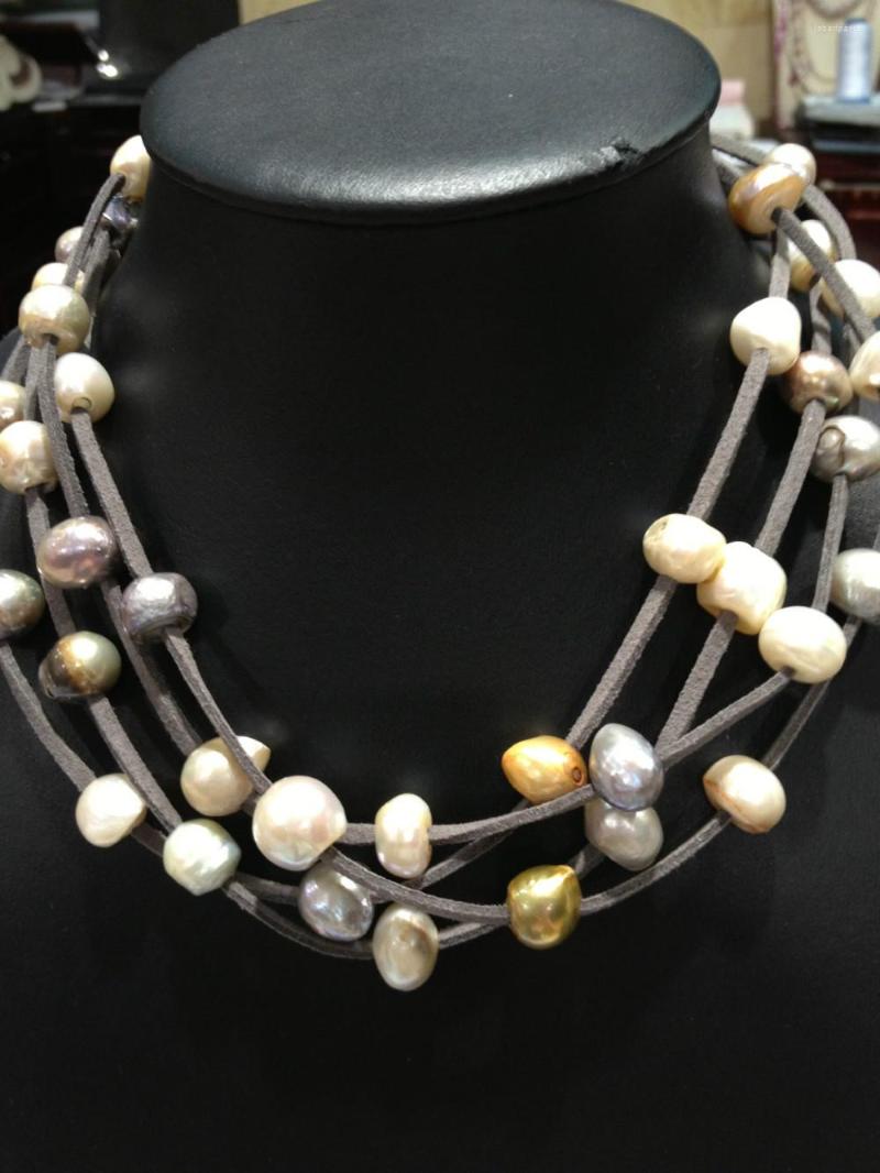 

Choker Leather Pearls Necklaces Freshwater Baroque Multilayer Magnet Clasp Women Jewelry Multi Color