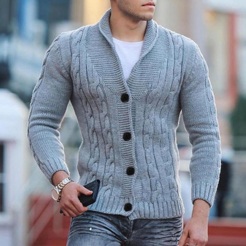 

Men's Sweaters Men Sweater Thick Warm Jacket Coat Single-breasted Twisted Texture Lapel Autumn Slim Pullover Twist Knitwear, Grey