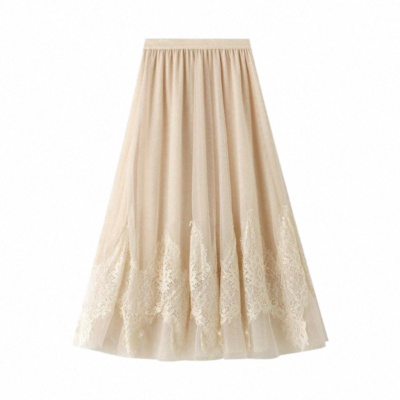 Skirts autumn Women Ladies Pretty Midi Long Skirt WF0194 Black Grey Apricot Tulle Mesh Lace Skirts Plus Size g6u2#-image-797923591