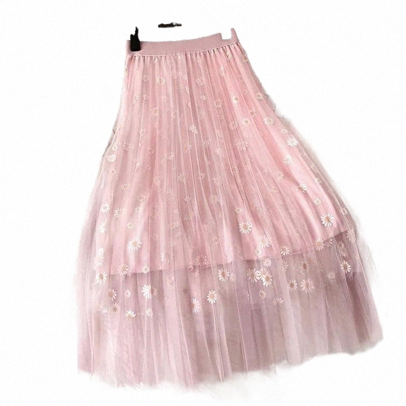 Skirts skirts Korean Style Small Daisy Print High Waist 3 Layers Mesh Long Summer Sweet Pleated A- Line Skirt Casual Tulle 2022 636u#-image-797916457