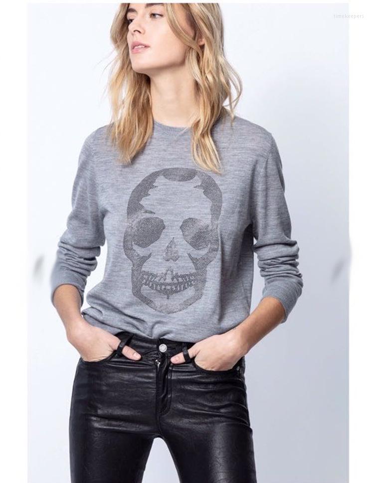 

Women's Sweaters Women Sweater 2022 Autumn And Winter Personality Skull Pattern Drill Round Neck Cashmere Pullover, Gray