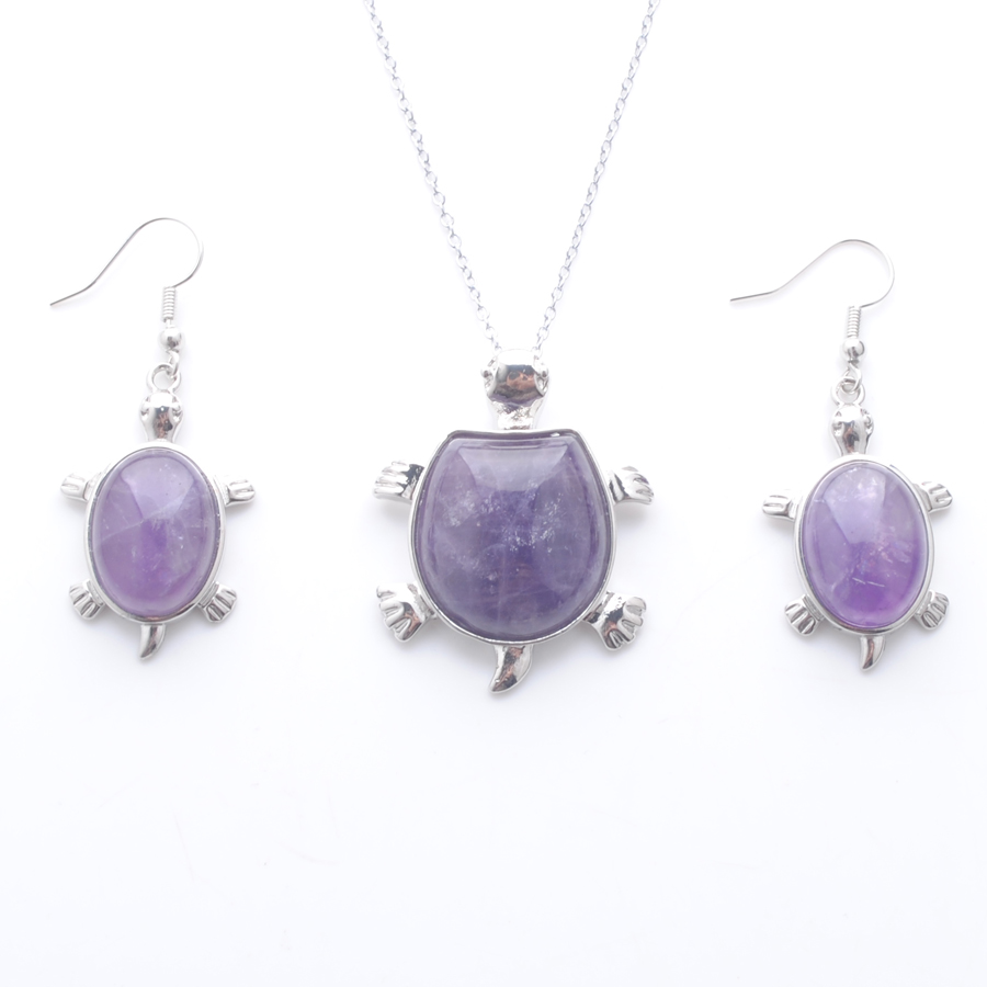 

Jewelry Sets Dangle Earring For Lady Anniversary Gift Natural Stone Amethysts Tortoise Pendant Silver plated Chain 45cm Q3099, Purple