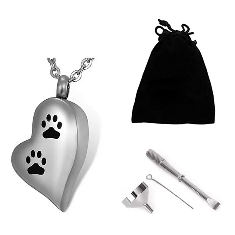 

Funeral cremation Pendant jewelry prints paw print heart-shaped urn of stainless steel to commemorate a loved one's pet necklace