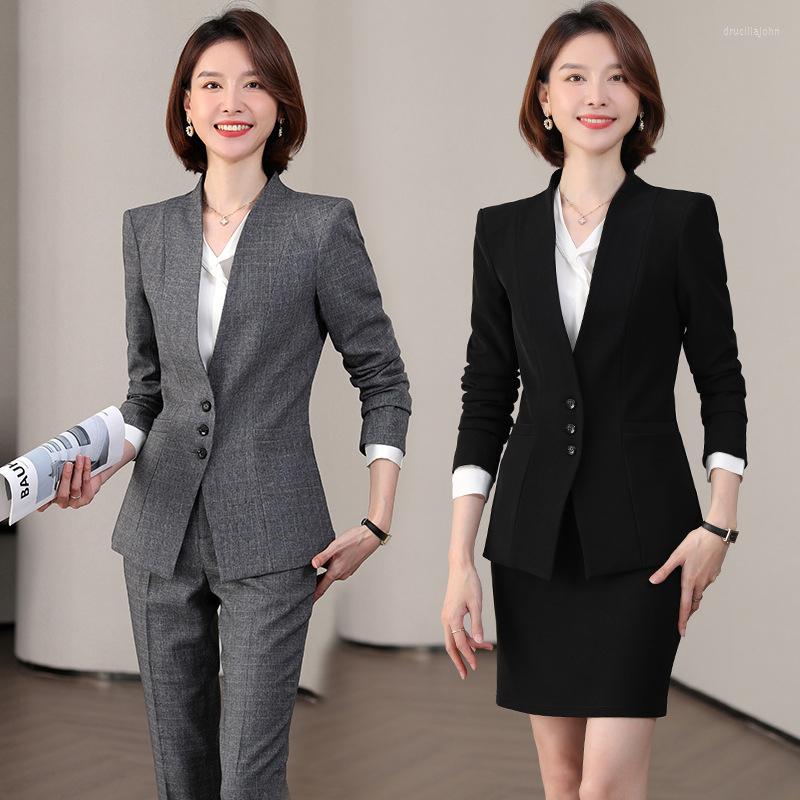 

Two Piece Dress High Quality Flight Attendant Professional Suit Female High-end Business Formal Wear Spring Autumn Office Skirt Two-piece, Black pant suits