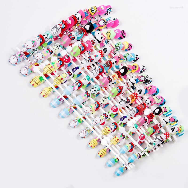 

False Nails 24PCS Press On Children Candy Nail Tips Cartoon Full Cover Kid Pink Fake Art For Little Girls 14 Design Manicure Tool, Pnt-04-07