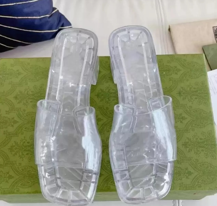 

Designer Transparency Slippers Women Leisure Letter Printing Jelly Chunky Heels Sandal Fashion Rubber Luxury Brand Beach High-Heeled Shoes, Box