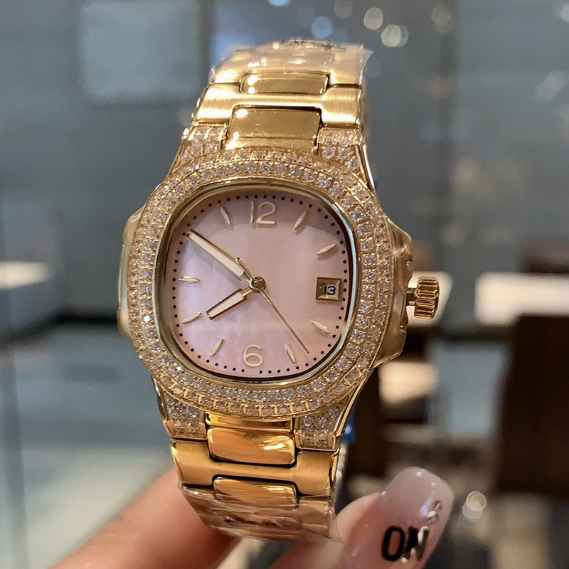

5 Types Luxury diamonds Watch 32mm Womens size Gold Case Pink shell dial nice designer iced out Watches quartz Movement waterproof wristwatches, 06 only box and papers