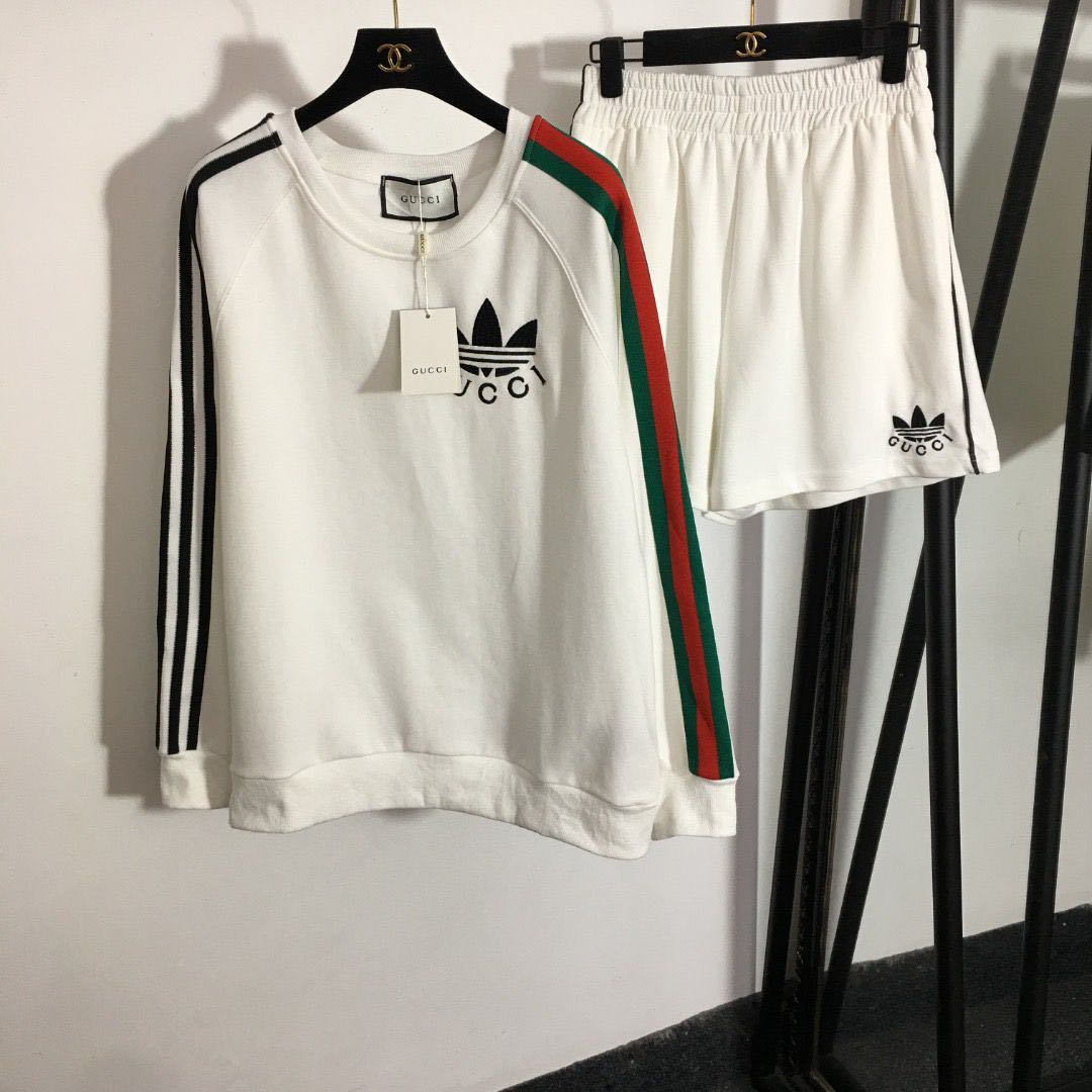 Dupe Guci x Adidds Shamrock Women embroidery Hoodies & Sweatshirts letter webbing splicing long sleeve sweater + shorts 3 Colors-image-798269232